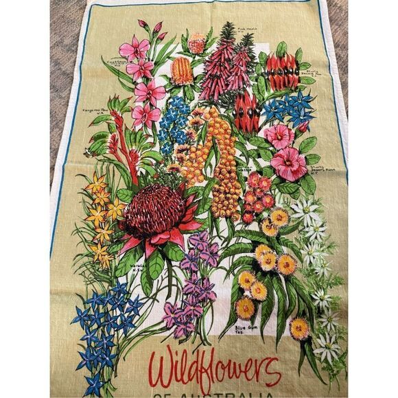 Rosy Kitchen Australian Wildflowers Print Linen Cotton Tea Towel - Picture 2 of 5